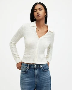 All Saints Womens Open Neck Shirt Connie Long Sleeve Slim Fit Textured Collared - Picture 1 of 6