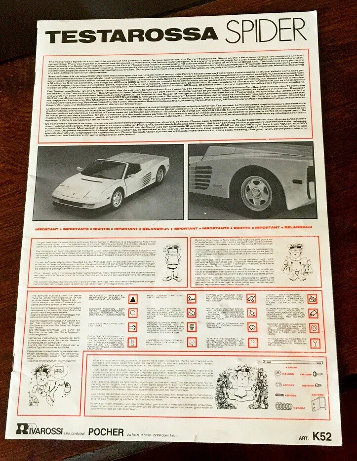 POCHER ORIGINAL RARE FERRARI TESTAROSSA SPIDER ASSEMBLY MANUAL - Immagine 1 di 1