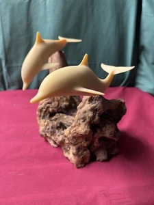 Vintage John Perry 2 White Dolphins On Burl Wood Sculpture - Picture 1 of 8