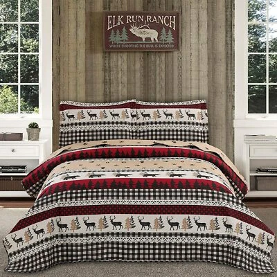 Red Black Tan Deer Bear Lodge Stripe 3pc Quilt Set Twin Full Queen King Coverlet - Image 1 of 4