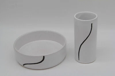 2tlg. Keramik-Set Keramikschale + Vase Zylinder rund modern weiß schwarz Strich - Bild 1 von 4
