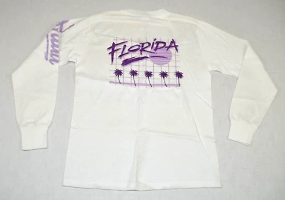 Vintage T-Shirt Long Sleeve Sandy T Size S/M 80s Crisp White Florida Back Sleeve - Image 1 of 4