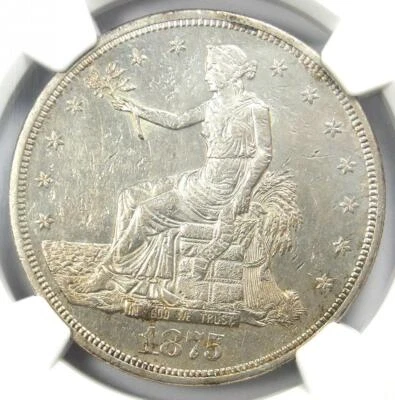 Dólar de plata comercial 1875-CC T$1 - Certificado NGC detalles sin circular (MS UNC) Foto 1 de 4