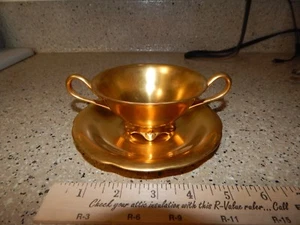 T&V LIMOGES FRANCE CHRYSO CERAMICS HEALEY GOLD CUP/SOUP 2 HANDLE BOWL & SAUCER - Picture 1 of 6