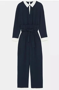 Zara Flowing Contrast Jumpsuit With Belt In Navy Blue L BNWT R - Picture 1 of 5