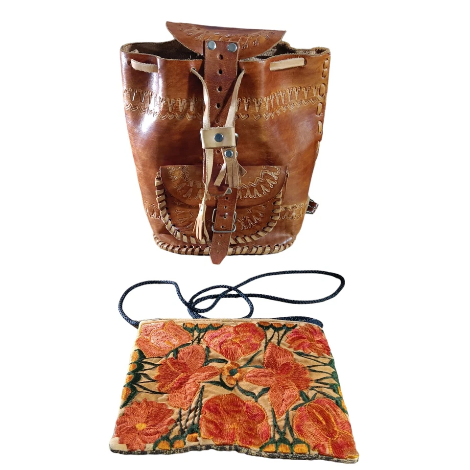 Tooled Leather Carmel Brown 10" Backpack W/ Embroidered Floral Crossbody Purse  - Image 1 of 4