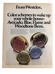 Westclox Color Scheme Print Ad Clock Avocado Blue Flame Woodtone Bens Alarm - Picture 1 of 4