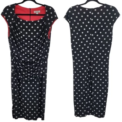 Retro Womens Black White Polka Dot Ruched Bodycon Dress Sz 16 Pinup Rockabilly - Image 1 of 4