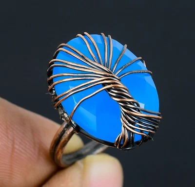 Anillo Árbol de la Vida Envoltura Alambre Cobre Piedras Preciosas Hecho a Mano Calcedonia Azul Foto 1 de 4