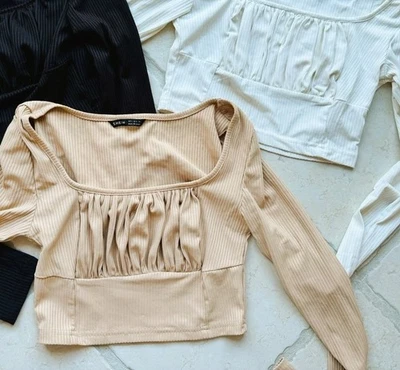 Shein 3 crop Langarm Tops Shirts nude weiss schwarz Gr. XS/S gerippter Look - Bild 1 von 2