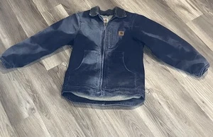 VTG Faded Carhartt Detroit Jacket YOUTH Large 10/12 YYC61 MDT Blue Sherpa Lined - Picture 1 of 9