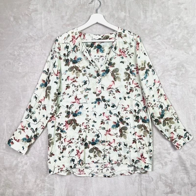 J Jill Bird 花卉印花束腰上衣 V 领长袖艺术波西米亚中号衬衫 — 第 1/4 张图片