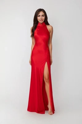 SAU LEE Hailey Phoebe Vestido Satinado Rojo Abertura Lateral Vacaciones Ocasión Especial Talla 4 Foto 1 de 4