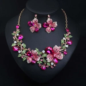 Crystal Flower Choker Women Necklace Earring Bridal Wedding Party Jewelry Sets - Picture 1 of 44