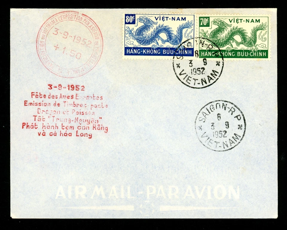 Estado de Vietnam FDC 1952 Air Post Dragon C6-C7 con matasellos especiales (L1164) Foto 1 de 1