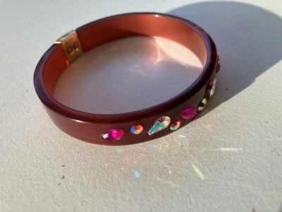 J Crew Plum Pink Lucite Rhinestones Golden Brass Accent Bangle Bracelet Signed - Image 1 of 4
