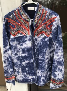 Chicos sz 2 or L/12 Quilted Embellished Open Front Jacket Blue Tie Dye A12 - Picture 1 of 8