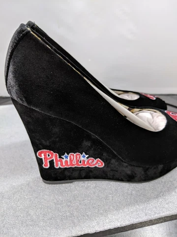 Phillies Womens Wedge Shoes 6.5 Black Velour Philadelphia MLB 4.5" Heel Logo Cover