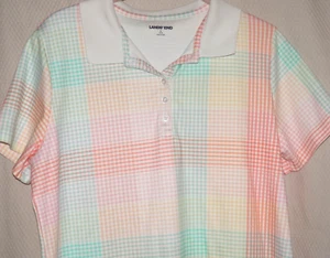 Lands End Short Sleeve Cotton Knit Polo sz L(14-16) White/Multicolor Check/Plaid - Picture 1 of 10