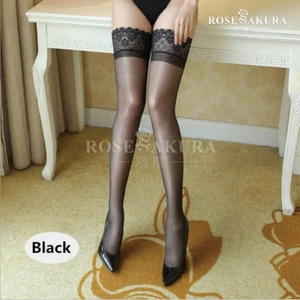 Womens Glossy Oil Shiny Sheer Lace Top Thigh High Silk Stockings Hold Ups - Picture 1 of 19