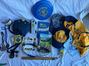 Vintage Cub Scout lot Belts, Hats,Bandanas,Books, canteen, frisbee,etc Boy Scout - Picture 1 of 12