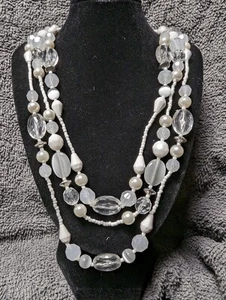 White Clear Triple Strand Statement Necklace Vintage 16" Beaded  - Picture 1 of 6