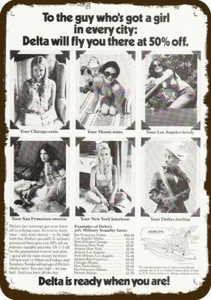 1973 DELTA AIRLINES Girl in every City VintageLook DECORATIVE REPLICA METAL SIGN - Picture 1 of 1