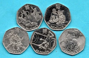 5 OLYMPIC FIFTY PENCE COINS. PENTATHLON, BOCCIA, HANDBALL, ETC. 50P. JOB LOT. - Picture 1 of 2