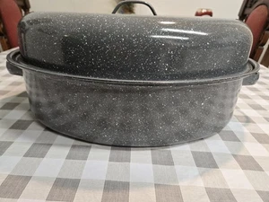 Vintage Speckled Enamelware Roaster/Turkey Pan w/ Dome Lid Extra Large Oval USA  - Picture 1 of 17