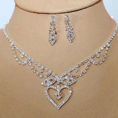 Set Gioielli Collier Orecchini Cristalli Strass Sposa Collana Argento Cuore 1 - Immagine 1 di 2