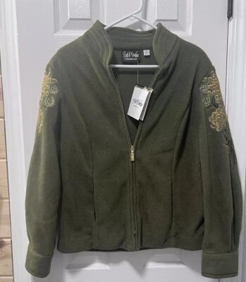 Bob Mackie Wearable Art Fleece Jacket Green Gold Embroidered XS - Image 1 of 4