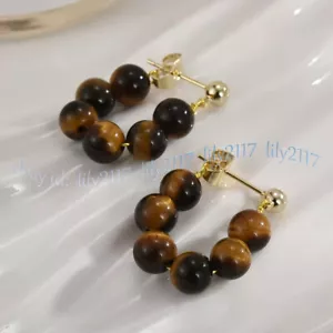 Natural 6mm African Yellow Tiger's Eye Round Gemstone Beads Dangle Stud Earrings - Picture 1 of 6