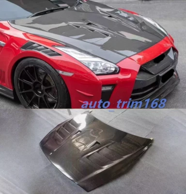 For Nissan GT-R GTR R35 Real Carbon Top style Front Hood Vented Bonnet Cover - Image 1 of 4