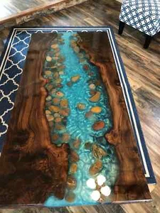 Walnut Epoxy Dining Table, Live Edge Resin River Furniture For Home Decor - Picture 1 of 9