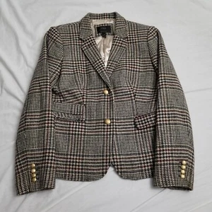 J Crew Schoolboy Blazer Womens 12 Brown Wool Houndstooth Tweed Plaid Gold Button - Picture 1 of 9