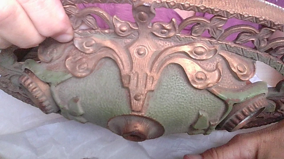 Gorgeous Vtg 30's Ornate Gilt/Green Art Deco Light Fixture 13"x7" Orig Leviton - Image 1 of 4