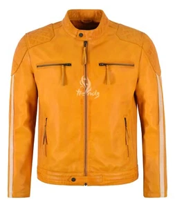 Men's Racer Leather Jacket Yellow Beige Stripes Biker Motorcycle Style Jacket - Picture 1 of 4