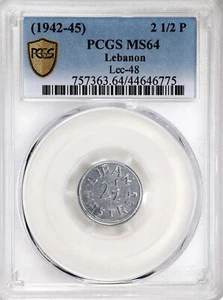 (1942-45) Lebanon  2 1/2 Piastres PCGS MS64 Pop Top! WWII ISSUE - Picture 1 of 5