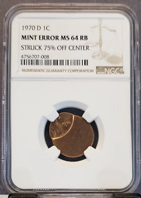 1970 D LINCOLN CENT 1C NGC MS 64 RB MINT ERROR STRUCK 75% OFF CENTER - Image 1 of 3