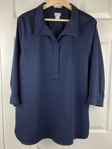Chico's Sz 3 No Iron Chic Stretch Button Blouse Buttons on Back 3/4 Sleeve Navy - Picture 1 of 11