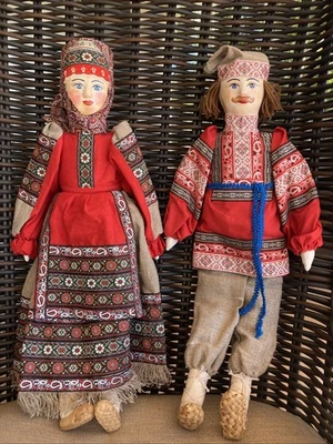 2 Russian Ukranian Handmade Paper Mache Cloth & Bast Shoes 22" Dolls * XLNT! - Image 1 of 4
