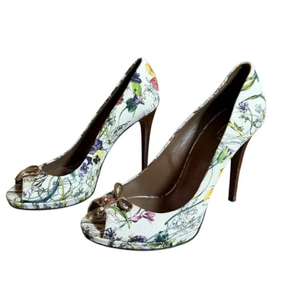GUCCI X JOJO белый цветочный флоры холст заглянуть носок Stiletto каблук насосы ЕС 39 США 9 - Изображение 1 из 4