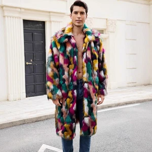 112cm-117cm Length Men Lapel Colourful Long Faux Fox Fur Coat Overcoat Winter Sz - Picture 1 of 15