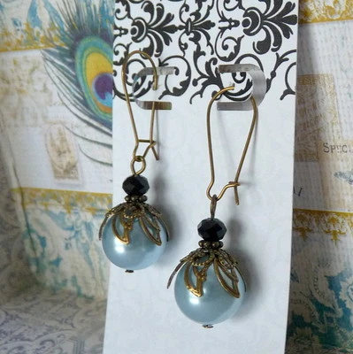 Victorian Art Nouveau Style Light Blue Pearl Black Crystal Bronze Earrings - Image 1 of 3