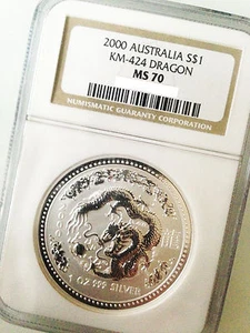 2000 P Australia S $1 Lunar Dragon 1 oz Silver KM-424 NGC MS70 - Picture 1 of 2