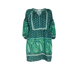 NWT Boteh Elba Mini Dress Womens 4 XL Green Paisley Linen V-Neck 3/4 Sleeve NEW - Picture 1 of 13