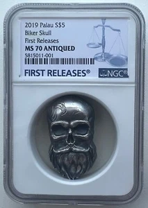 Moneda de plata antigua calavera de motociclista NGC MS70 primeros lanzamientos Palau 2019 1 oz caja de certificado de autenticidad - Imagen 1 de 5