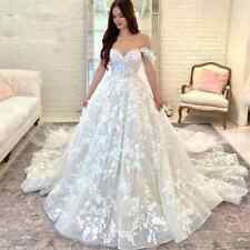 Luxury A-line V-Neck Wedding Dresses Off Shoulder Lace Flowers Bridal Gown Train
