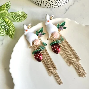 White Rabbit Gold Tassel Strawberry Flowers Earrings Kawaii Jewelry Gift NEW - Picture 1 of 6