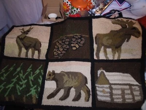 Hand Hooked Rug, Wall Hanging,Trees, Cabin, Deer , Moose, Pinecones 31" x 19" - Picture 1 of 14